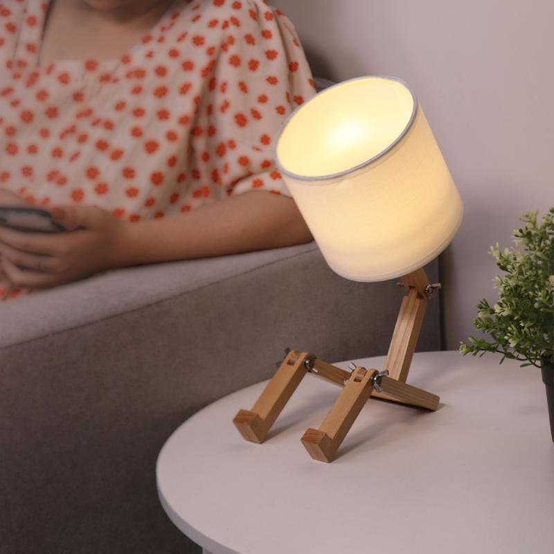 Creative Wooden Sitting Robot Table Lamp with Adjustable Poses and Fabric Drum Shade