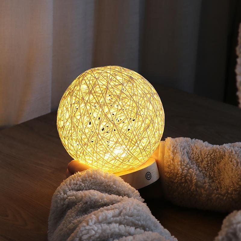 Rustic 6 Inch Global Natural Rattan Wicker Table Lamp with LED Light and Wooden Base for Bedroom and Living Room