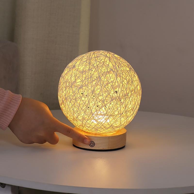 Rustic 6 Inch Global Natural Rattan Wicker Table Lamp with LED Light and Wooden Base for Bedroom and Living Room