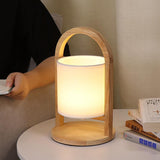 Modern Rubber Wood Portable Lantern Table Lamp Cordless Battery Operated Accent Light with Linen Shade