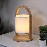 Modern Rubber Wood Portable Lantern Table Lamp Cordless Battery Operated Accent Light with Linen Shade