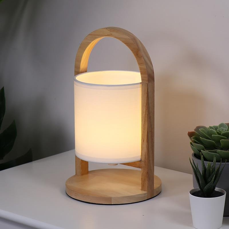 Modern Rubber Wood Portable Lantern Table Lamp Cordless Battery Operated Accent Light with Linen Shade