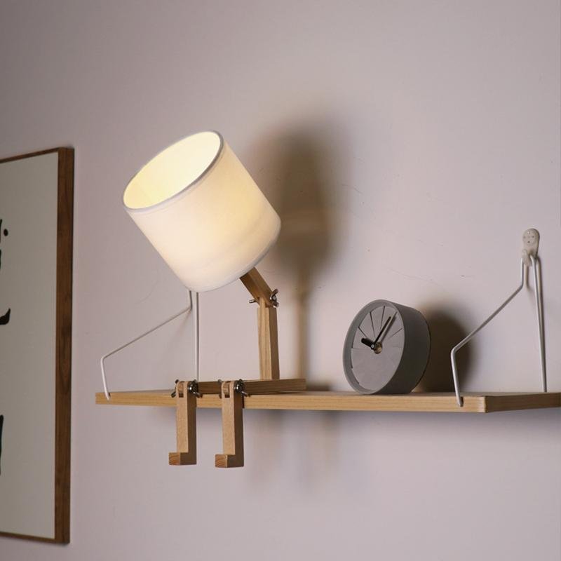 Creative Wooden Sitting Robot Table Lamp with Adjustable Poses and Fabric Drum Shade