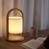 Modern Rubber Wood Portable Lantern Table Lamp Cordless Battery Operated Accent Light with Linen Shade