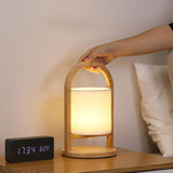 Modern Rubber Wood Portable Lantern Table Lamp Cordless Battery Operated Accent Light with Linen Shade