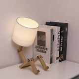 Creative Wooden Sitting Robot Table Lamp with Adjustable Poses and Fabric Drum Shade