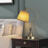 Modern Arched Metal Desk Lamp with Empire Pleated Linen Shade and Adjustable Arm