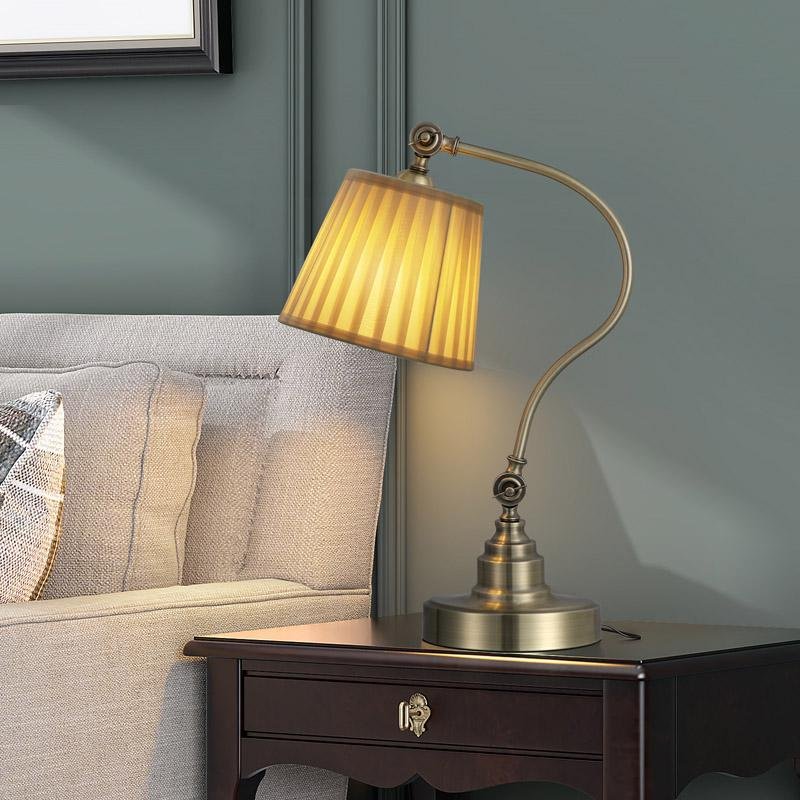 Modern Arched Metal Desk Lamp with Empire Pleated Linen Shade and Adjustable Arm