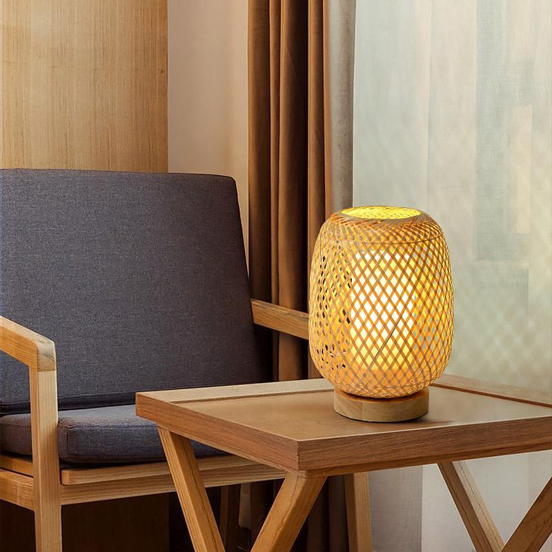 Japanese Hand Woven Rattan Table Lamp for Boho Bedroom Decor and Warm Ambient Lighting