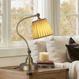 Modern Arched Metal Desk Lamp with Empire Pleated Linen Shade and Adjustable Arm
