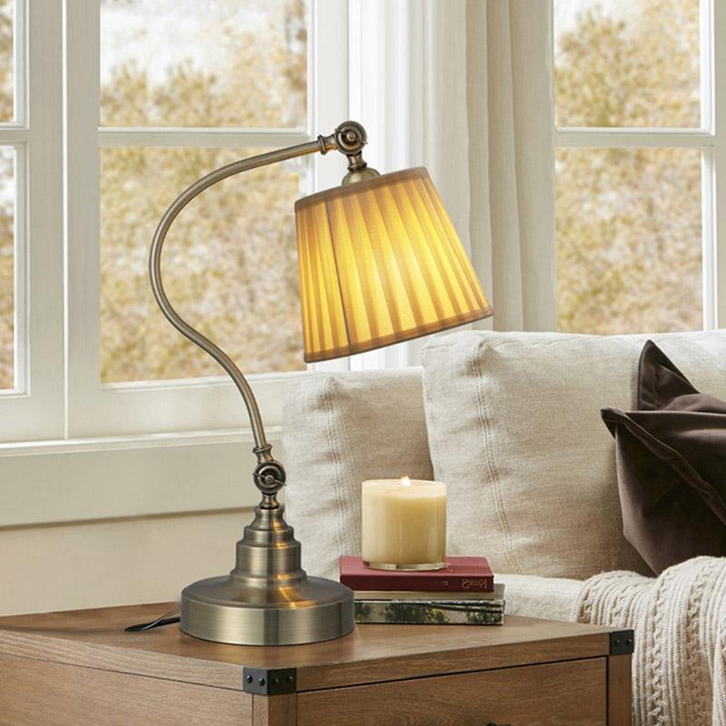 Modern Arched Metal Desk Lamp with Empire Pleated Linen Shade and Adjustable Arm