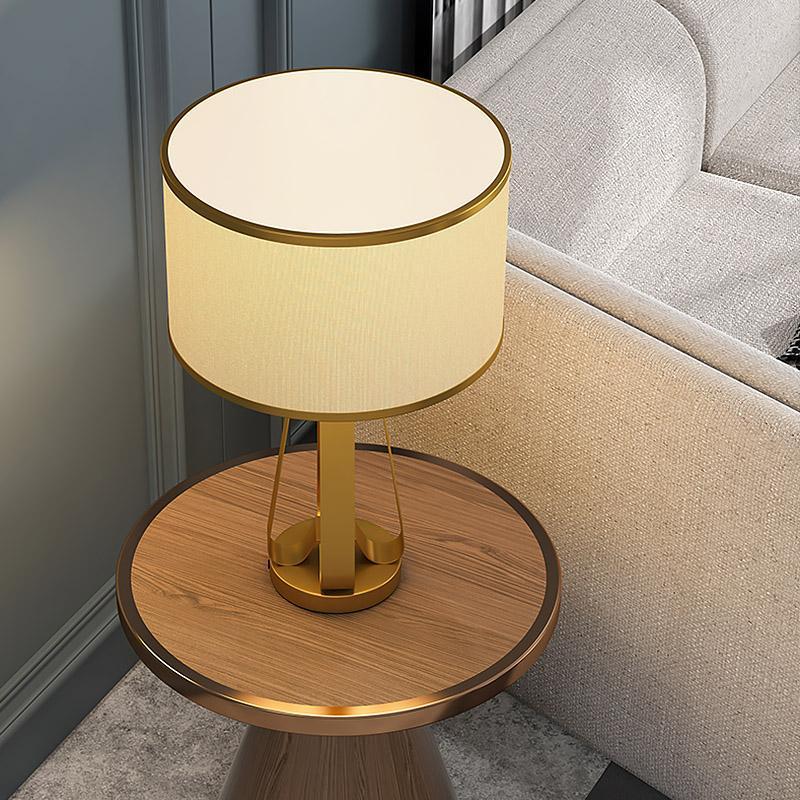 22 Inch Mid Century Modern Brushed Brass Geometric Table Lamp with White Linen Shade