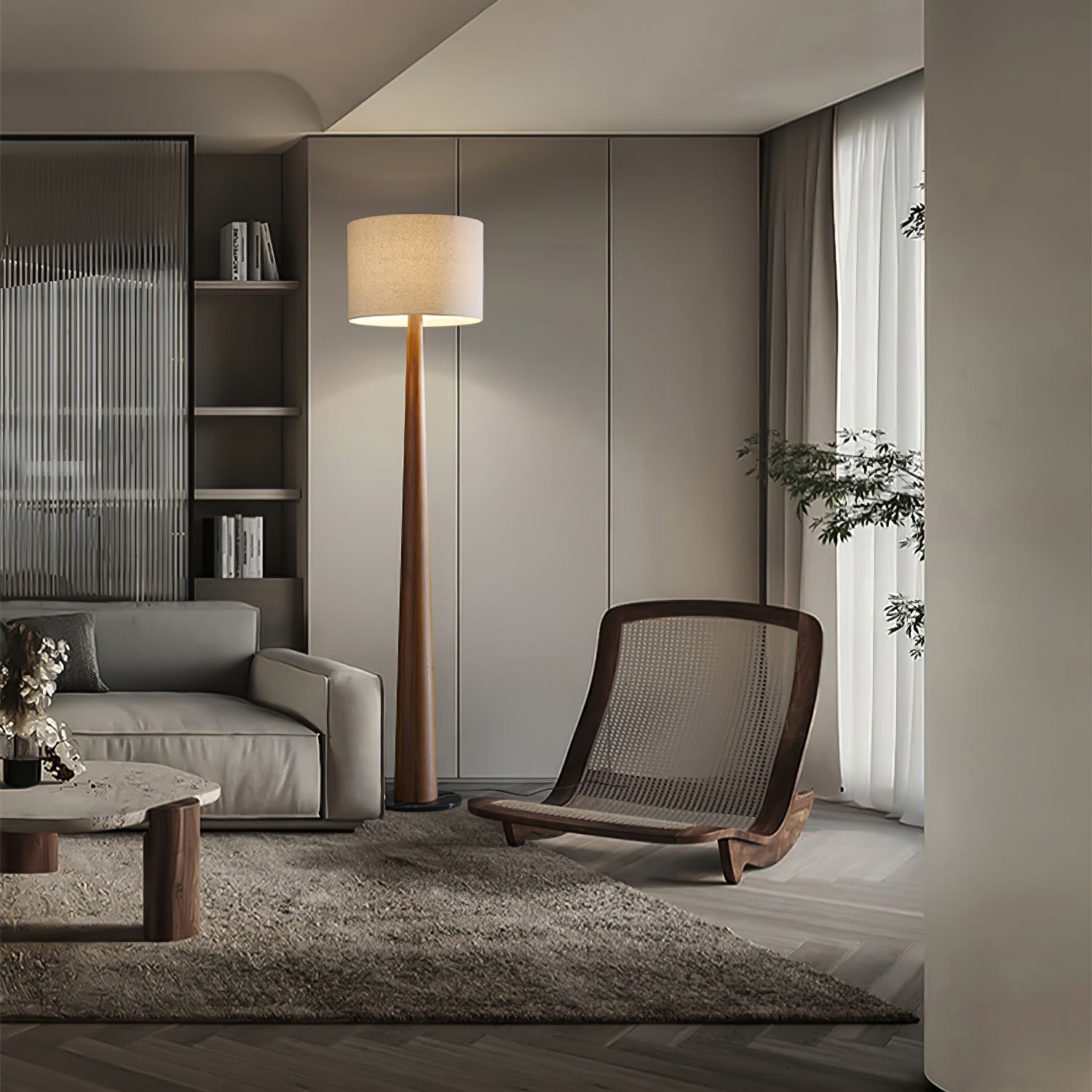 Zhanming Modern Wooden Floor Lamp with Marble Base and Tall Fabric Shade Uplight