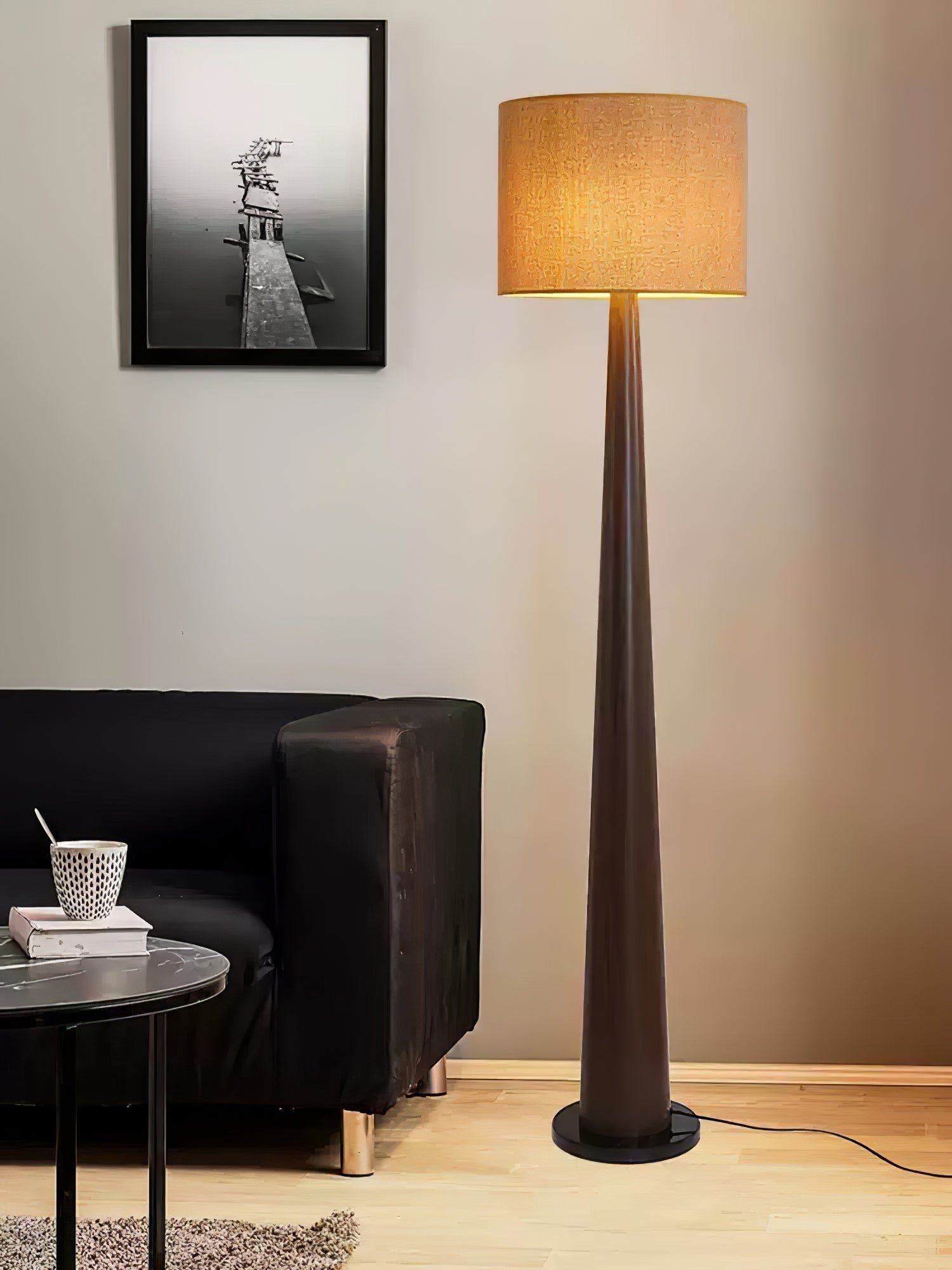 Zhanming Modern Wooden Floor Lamp with Marble Base and Tall Fabric Shade Uplight