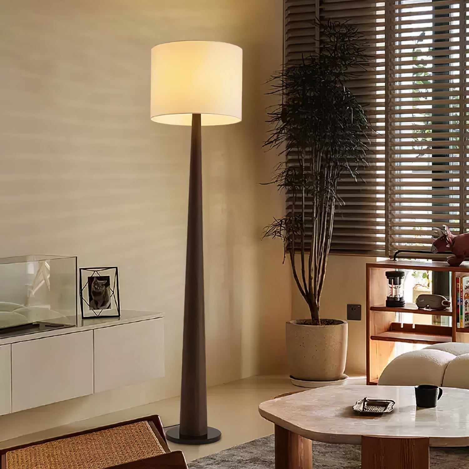 Zhanming Modern Wooden Floor Lamp with Marble Base and Tall Fabric Shade Uplight