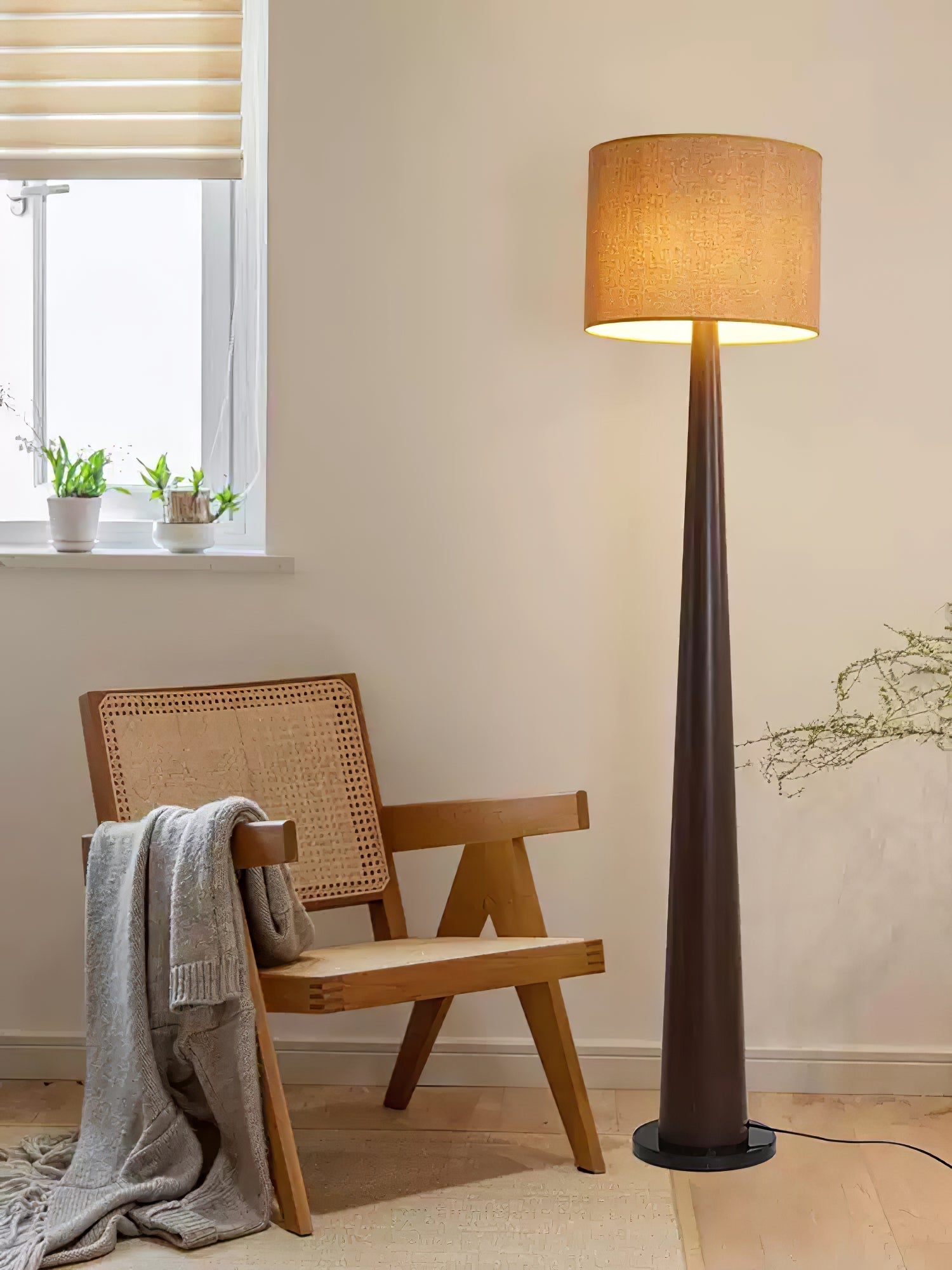 Zhanming Modern Wooden Floor Lamp with Marble Base and Tall Fabric Shade Uplight
