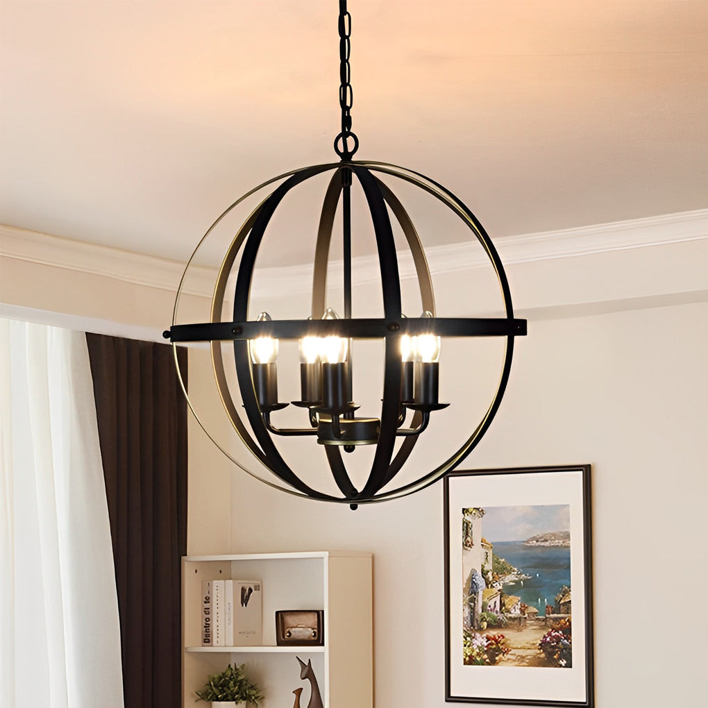 Adjustable Iron Round Lantern Chandelier Industrial Style Black Metal Pendant Light for Modern Living Room