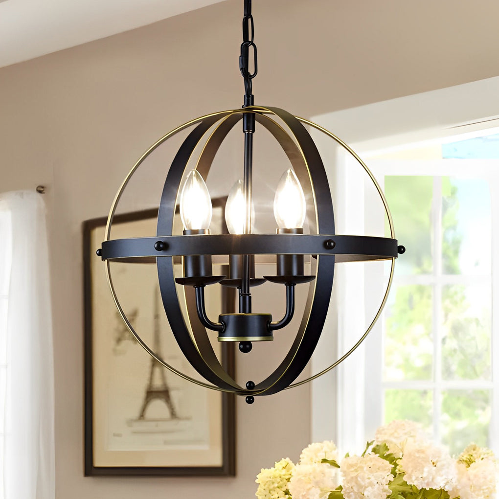Adjustable Iron Round Lantern Chandelier Industrial Style Black Metal Pendant Light for Modern Living Room