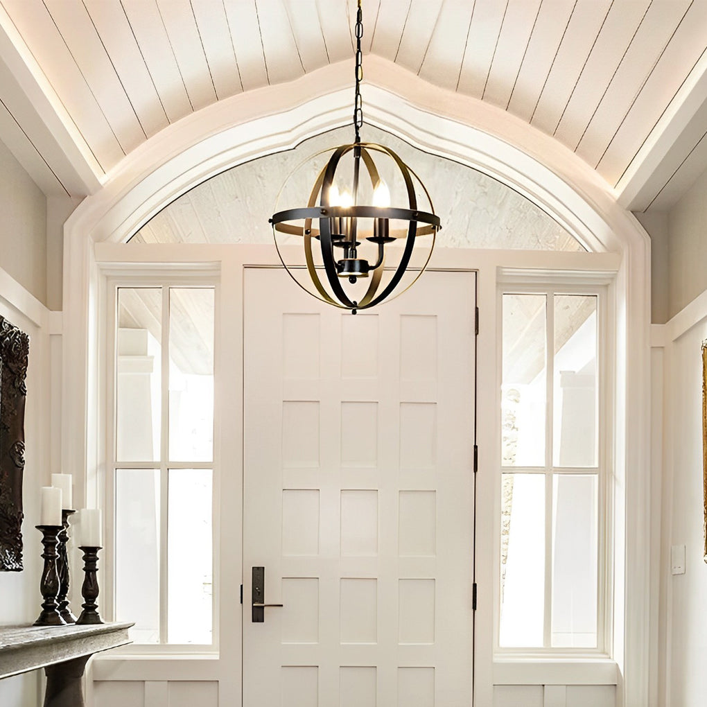 Adjustable Iron Round Lantern Chandelier Industrial Style Black Metal Pendant Light for Modern Living Room