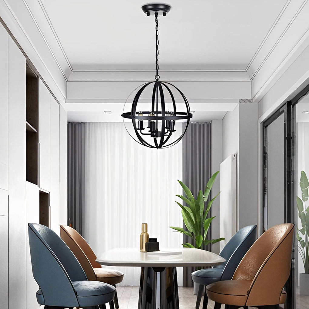 Adjustable Iron Round Lantern Chandelier Industrial Style Black Metal Pendant Light for Modern Living Room
