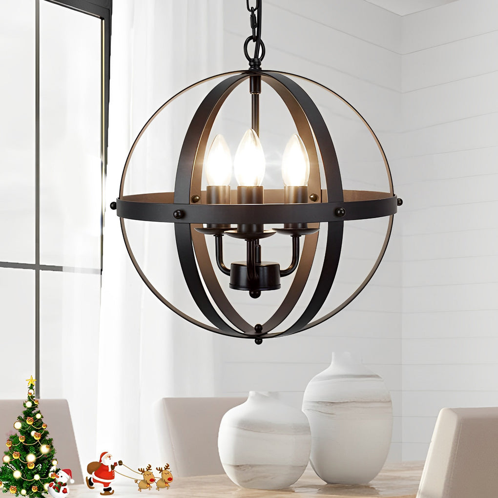 Adjustable Iron Round Lantern Chandelier Industrial Style Black Metal Pendant Light for Modern Living Room