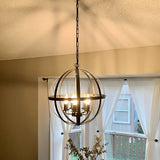 Adjustable Iron Round Lantern Chandelier Industrial Style Black Metal Pendant Light for Modern Living Room