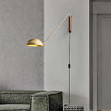 Adjustable Modern Swing Arm Wall Sconce with Dome Shade and Wooden Bracket Plug In Light