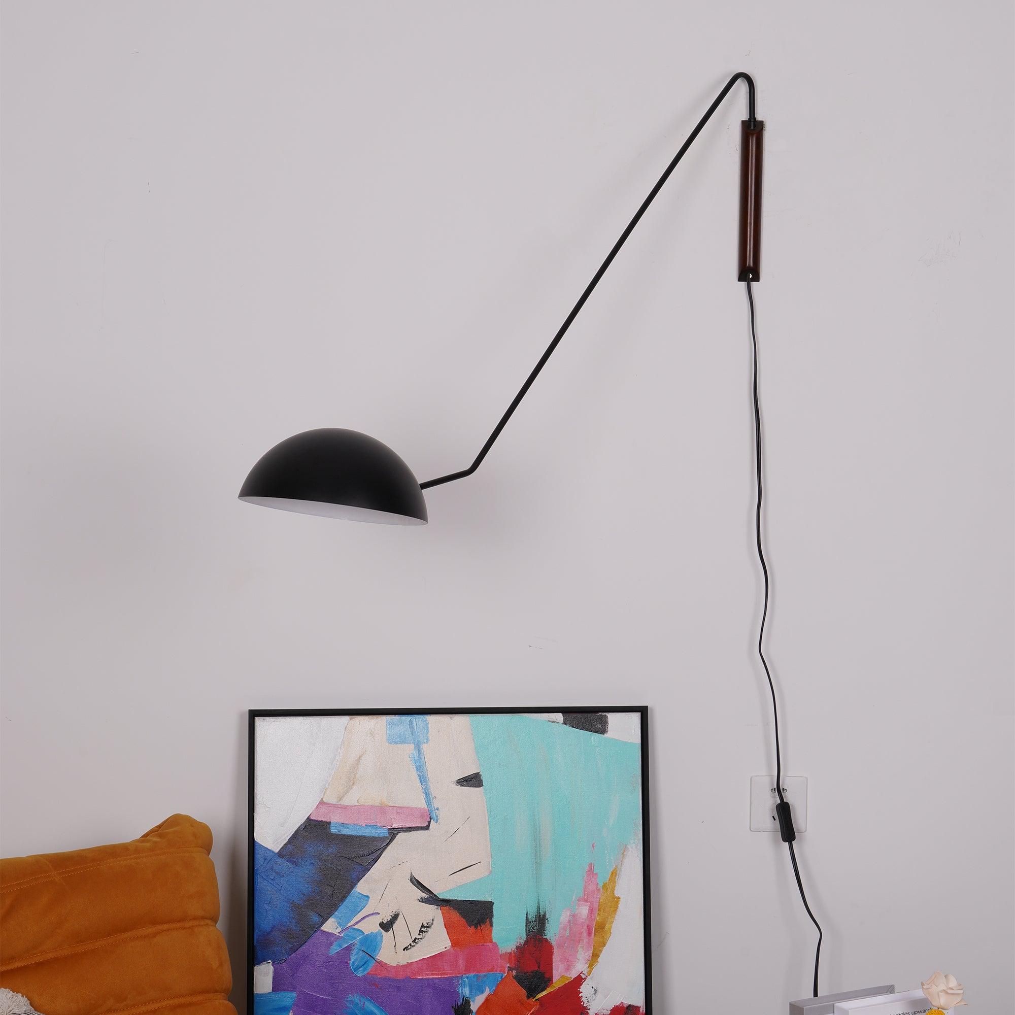 Adjustable Modern Swing Arm Wall Sconce with Dome Shade and Wooden Bracket Plug In Light