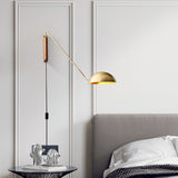 Adjustable Modern Swing Arm Wall Sconce with Dome Shade and Wooden Bracket Plug In Light