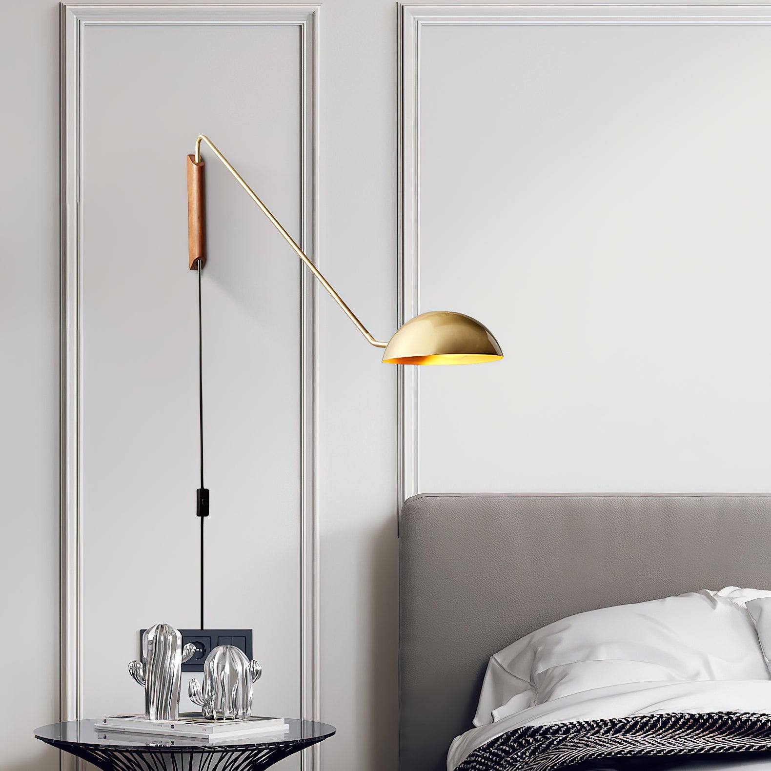 Adjustable Modern Swing Arm Wall Sconce with Dome Shade and Wooden Bracket Plug In Light