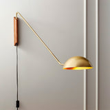 Adjustable Modern Swing Arm Wall Sconce with Dome Shade and Wooden Bracket Plug In Light
