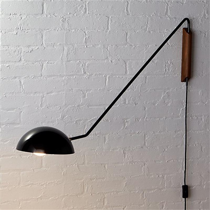 Adjustable Modern Swing Arm Wall Sconce with Dome Shade and Wooden Bracket Plug In Light