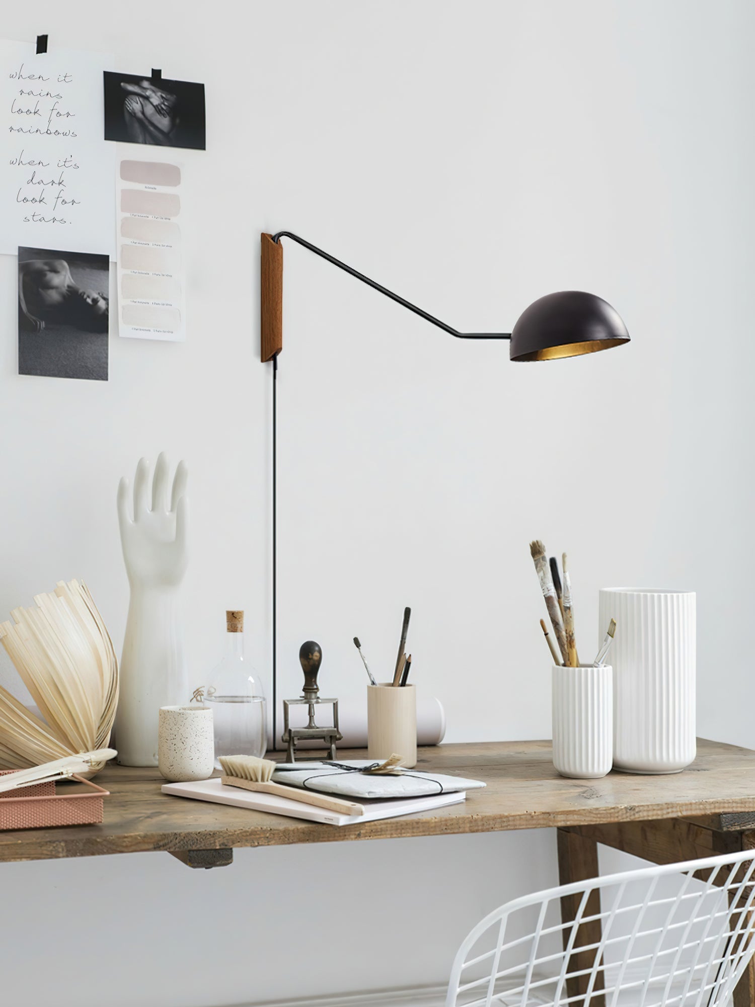 Adjustable Modern Swing Arm Wall Sconce with Dome Shade and Wooden Bracket Plug In Light