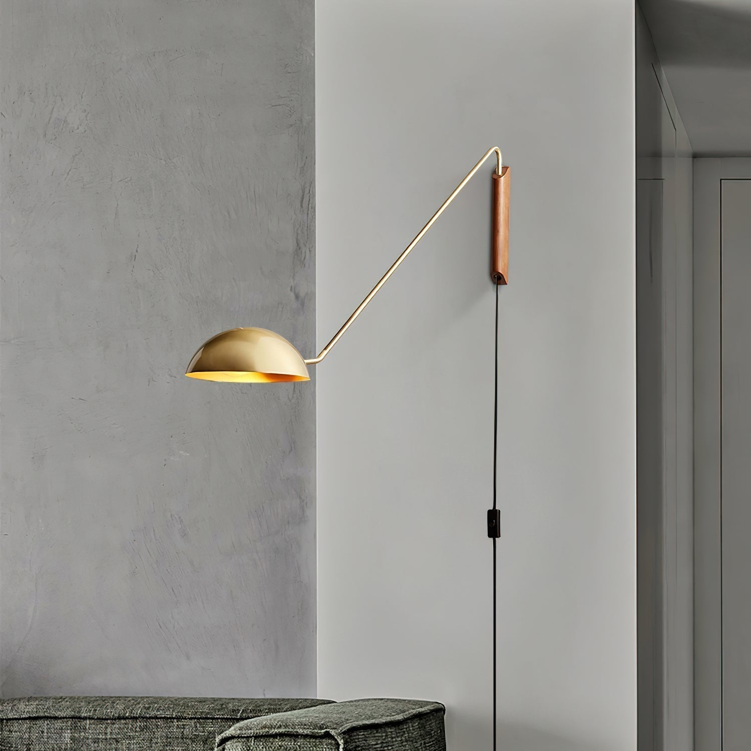 Adjustable Modern Swing Arm Wall Sconce with Dome Shade and Wooden Bracket Plug In Light