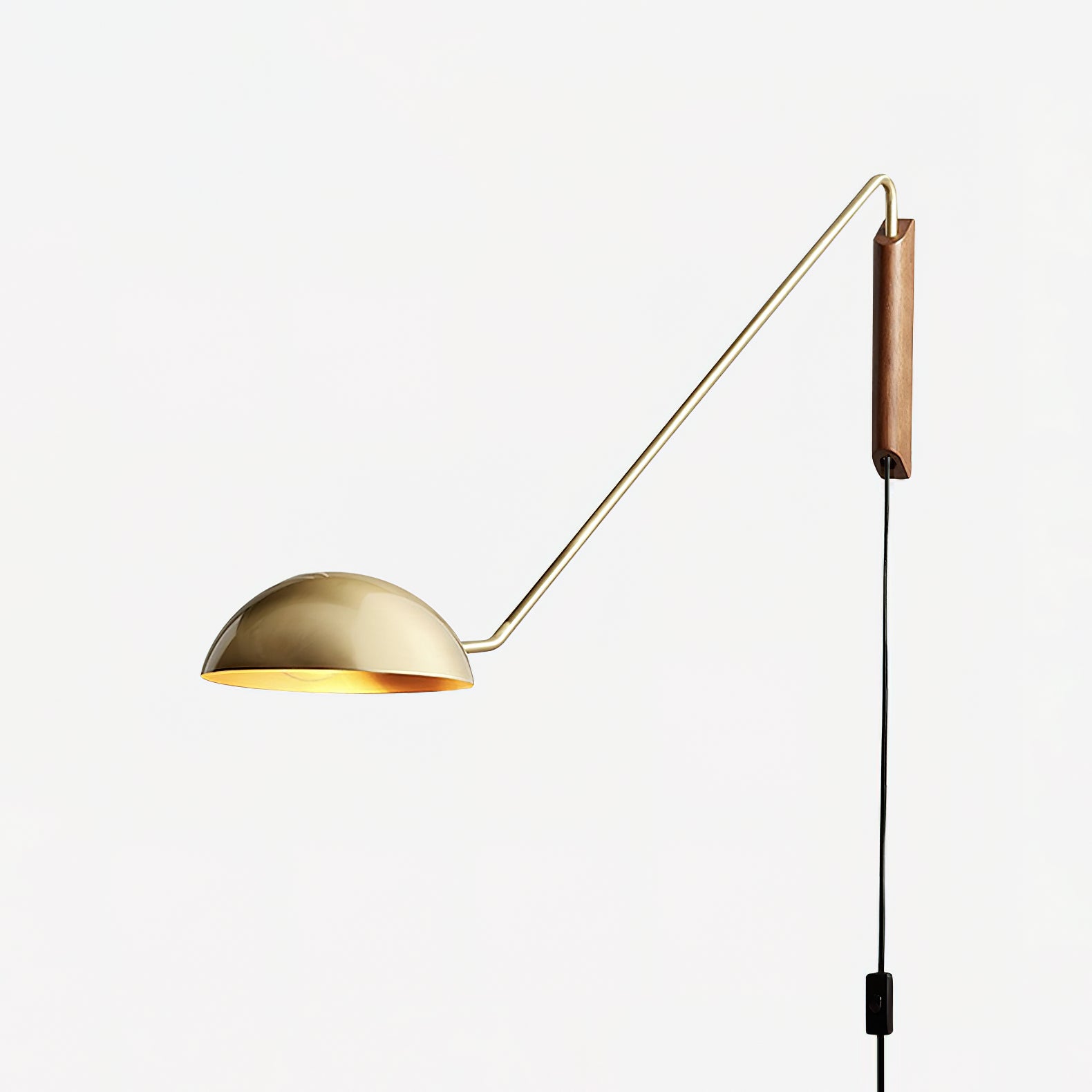 Adjustable Modern Swing Arm Wall Sconce with Dome Shade and Wooden Bracket Plug In Light