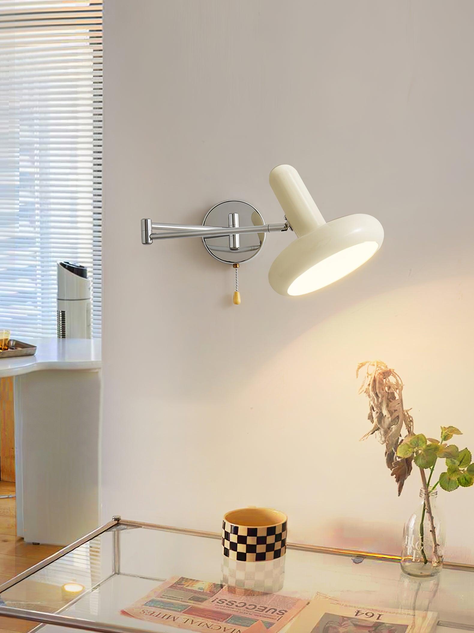Adjustable Swing Arm Rocker Wall Lamp Sconce with Cream Shade for Interior Reading and Bedroom Lighting