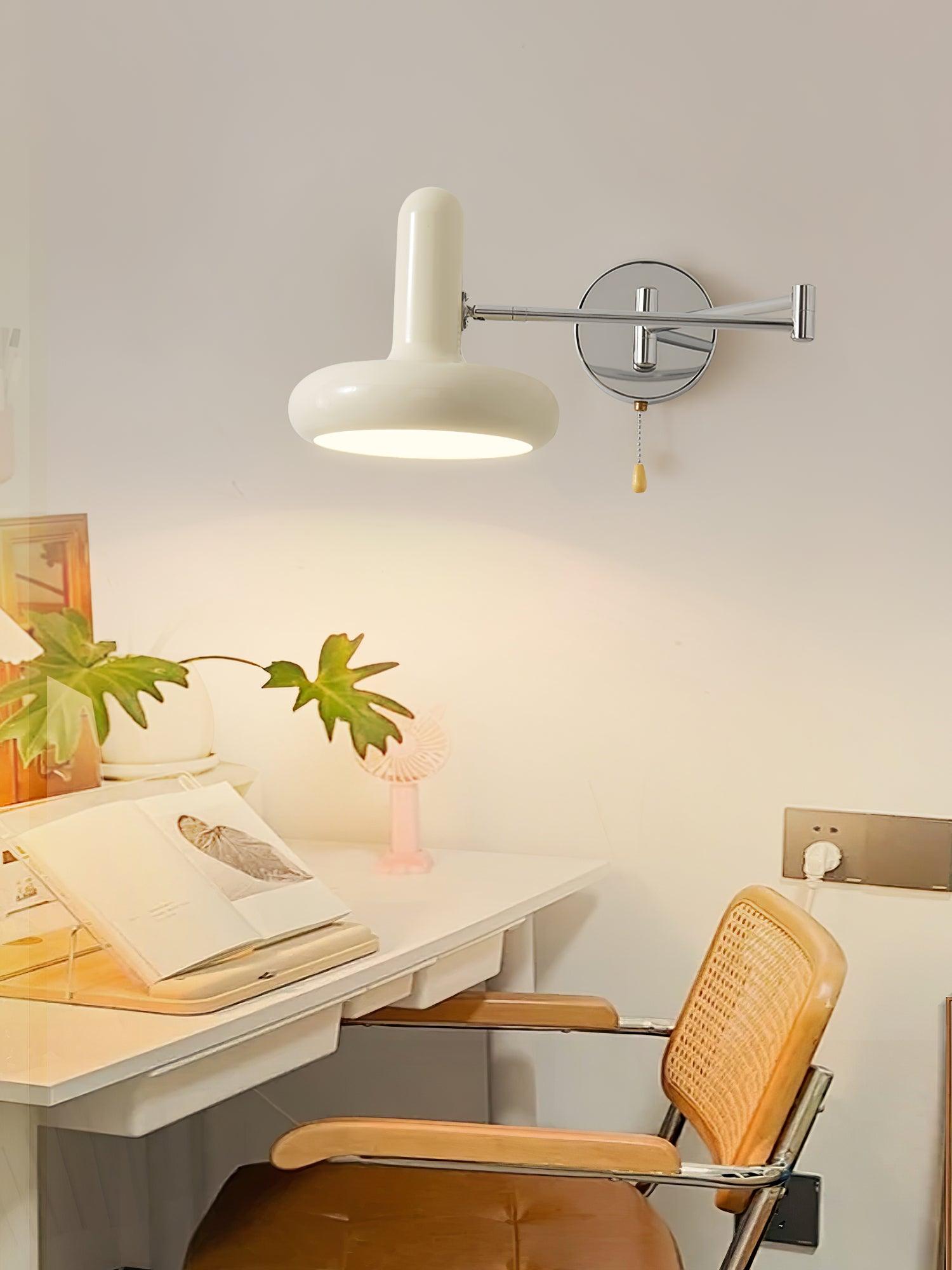 Adjustable Swing Arm Rocker Wall Lamp Sconce with Cream Shade for Interior Reading and Bedroom Lighting