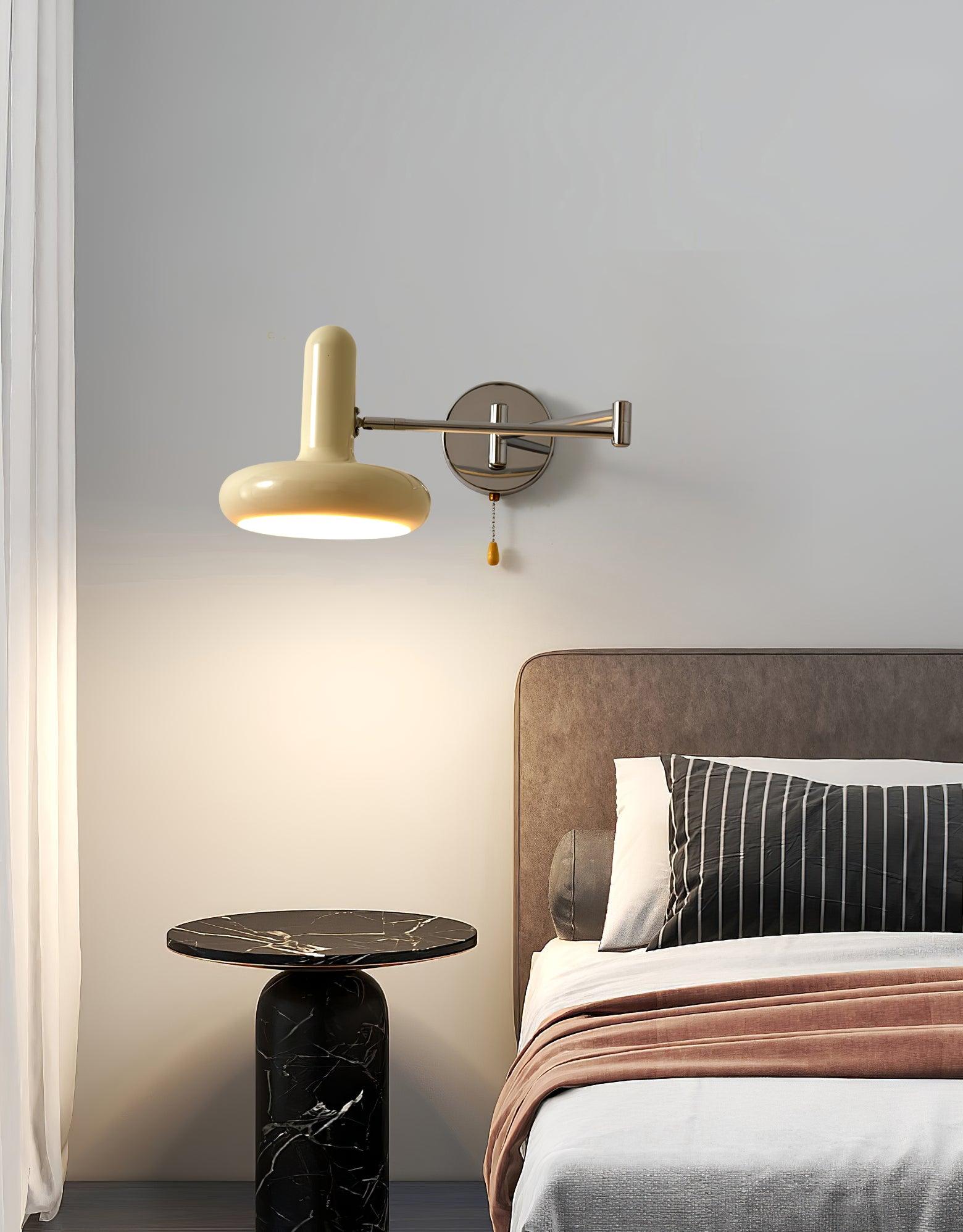 Adjustable Swing Arm Rocker Wall Lamp Sconce with Cream Shade for Interior Reading and Bedroom Lighting