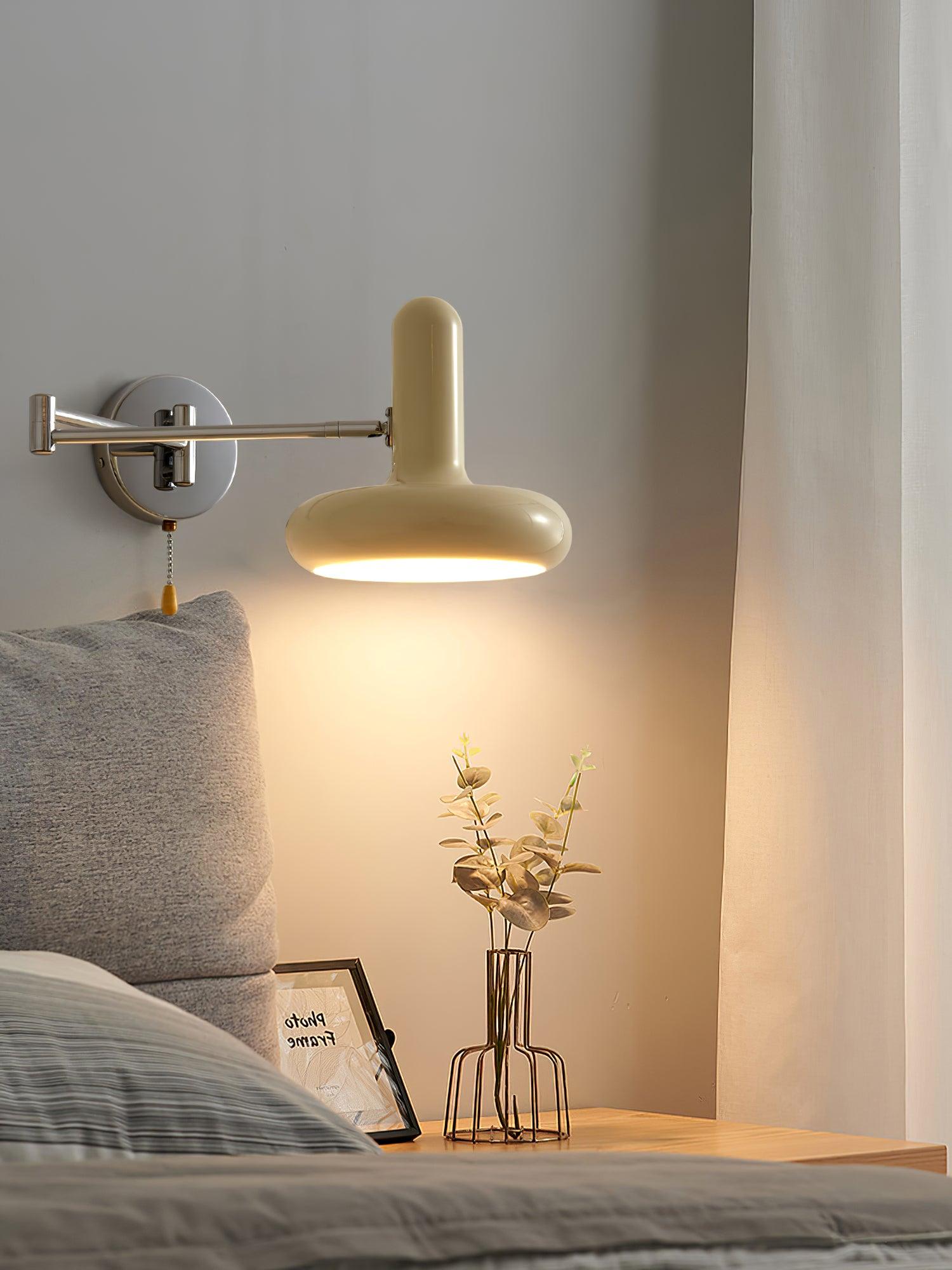 Adjustable Swing Arm Rocker Wall Lamp Sconce with Cream Shade for Interior Reading and Bedroom Lighting
