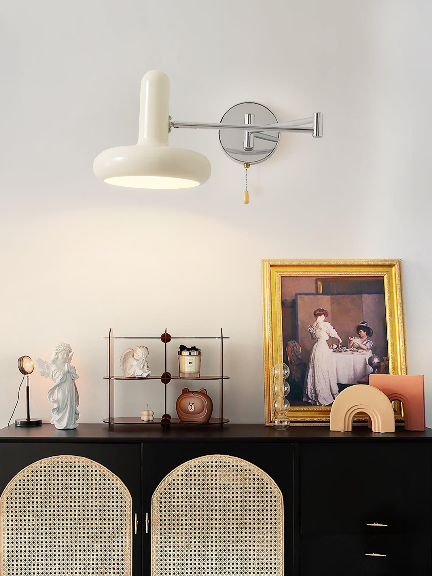 Adjustable Swing Arm Rocker Wall Lamp Sconce with Cream Shade for Interior Reading and Bedroom Lighting