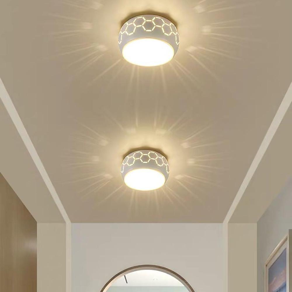 Modern LED Drum Flush Mount Ceiling Light with Geometric Hollow Design for Hallways and Entryways