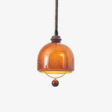 Amber Glass Dome Pendant Light with Walnut Wood Detail and Retractable Elastic Cord