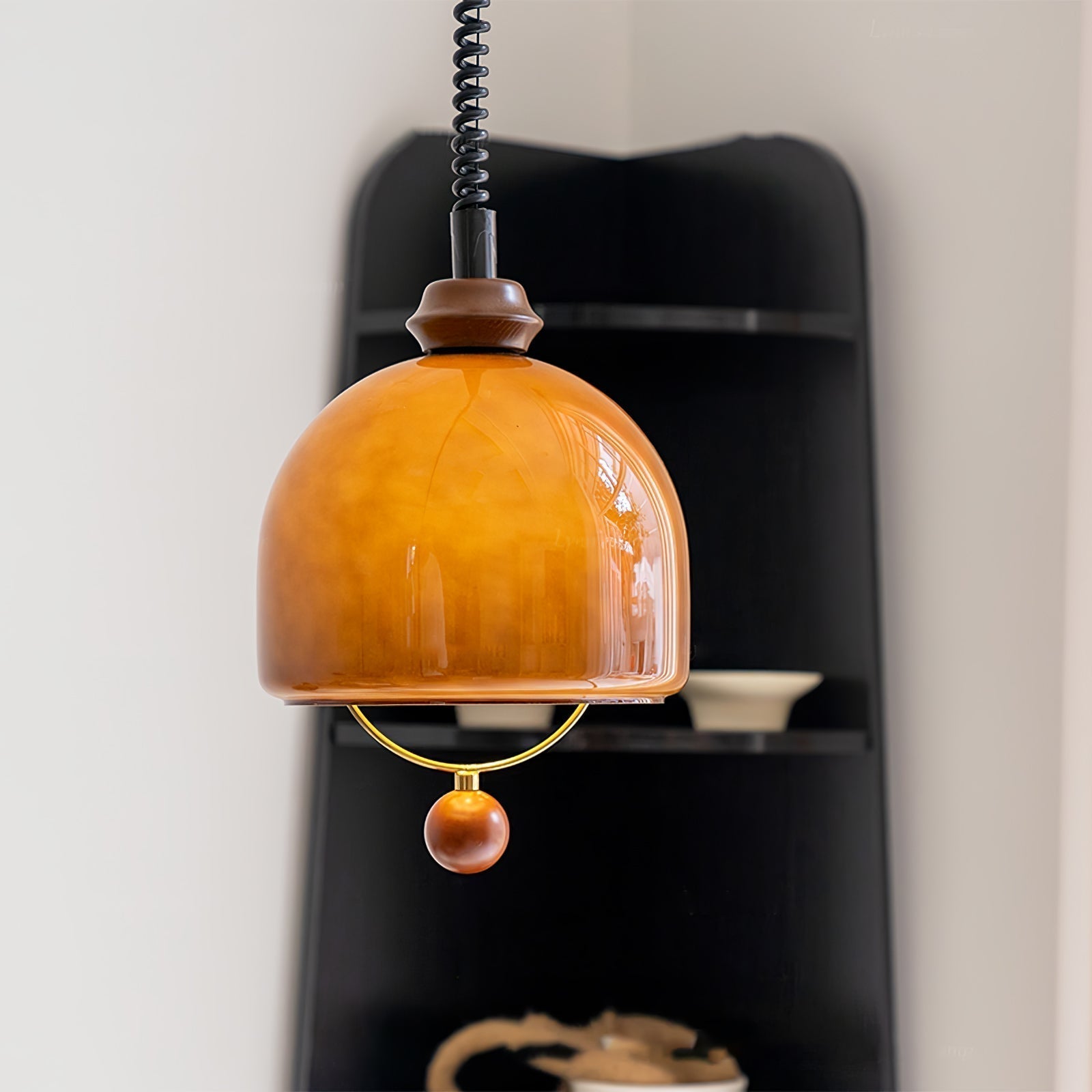 Amber Glass Dome Pendant Light with Walnut Wood Detail and Retractable Elastic Cord