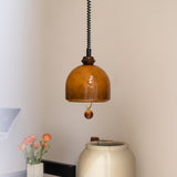 Amber Glass Dome Pendant Light with Walnut Wood Detail and Retractable Elastic Cord