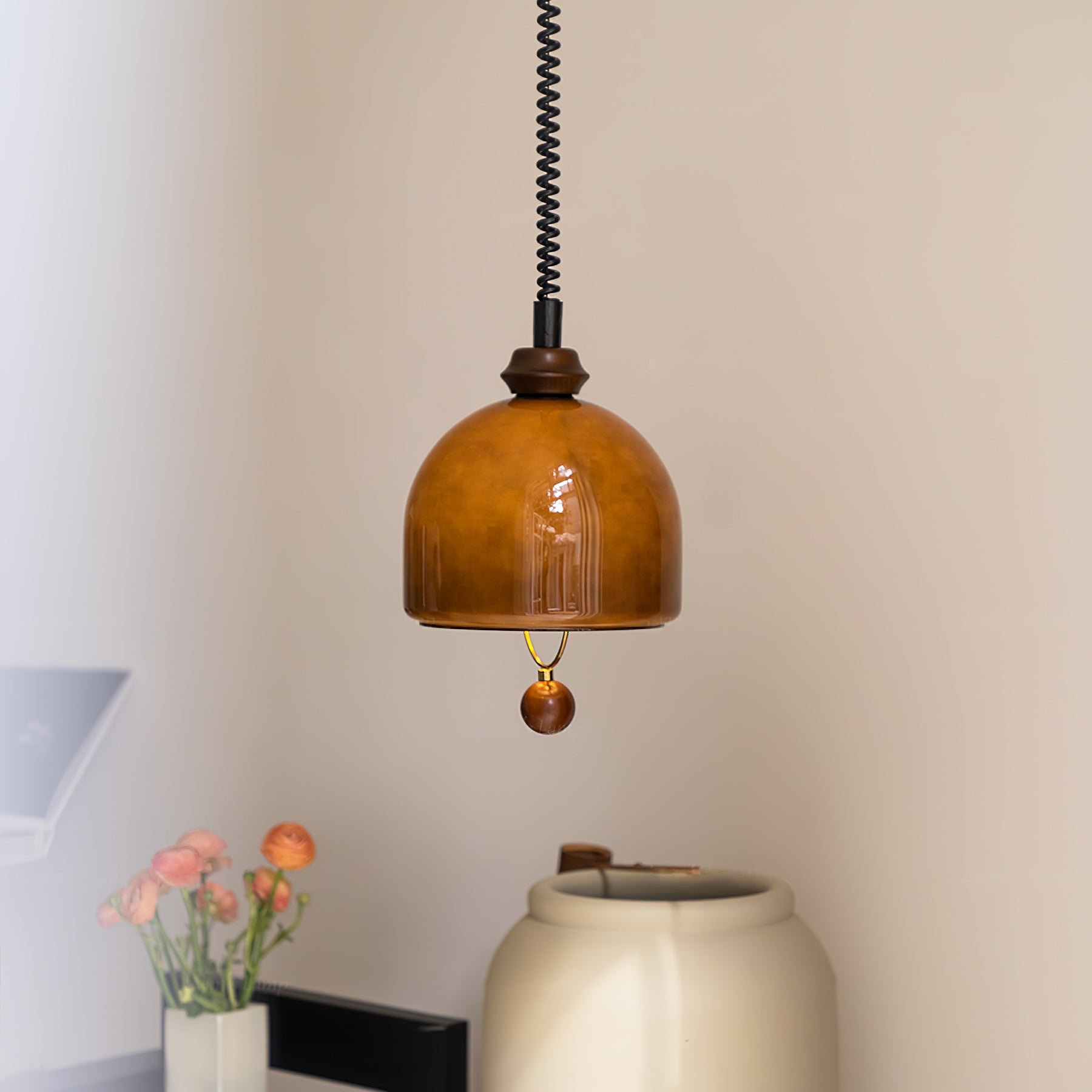 Amber Glass Dome Pendant Light with Walnut Wood Detail and Retractable Elastic Cord