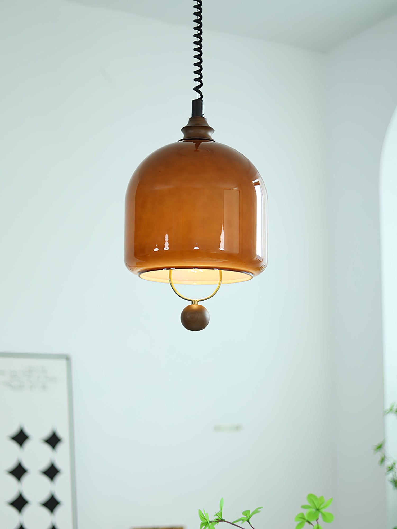 Amber Glass Dome Pendant Light with Walnut Wood Detail and Retractable Elastic Cord