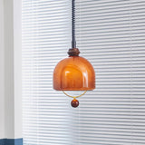 Amber Glass Dome Pendant Light with Walnut Wood Detail and Retractable Elastic Cord