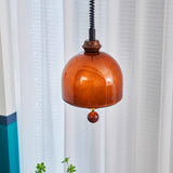 Amber Glass Dome Pendant Light with Walnut Wood Detail and Retractable Elastic Cord