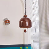 Amber Glass Dome Pendant Light with Walnut Wood Detail and Retractable Elastic Cord