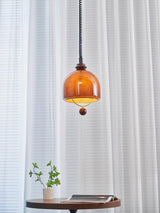 Amber Glass Dome Pendant Light with Walnut Wood Detail and Retractable Elastic Cord
